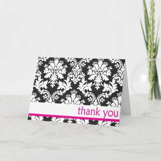 black and whte damask with hot pink thank you card (Front)