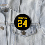 Black and Yellow Athlete Name Jersey Number 3 Inch Round Button<br><div class="desc">Cheer on your favourite sports team, football player or just show off your school pride with a custom personalized spirit button! Add your school name or personalize with a player's name and jersey number. Perfect for football, basketball, baseball and soccer games! Create custom pins for the whole team, cheerleaders, parents...</div>