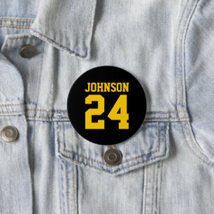 Black and Yellow Athlete Name Jersey Number 3 Inch Round Button