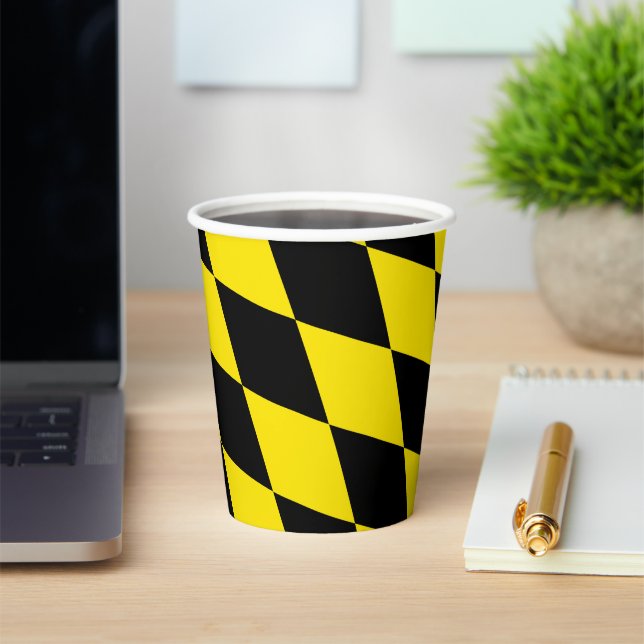 Black and Yellow Bavaria Diamond Flag Pattern Paper Cups (Insitu)