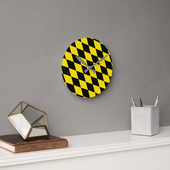 Black and Yellow Bavaria Diamond Flag Pattern Round Clock (Office)
