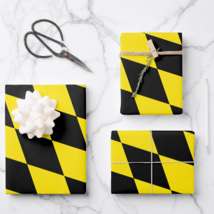 Black and Yellow Bavaria Diamond Flag Pattern Wrapping Paper Sheet