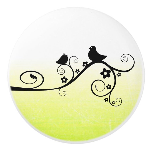 Black and Yellow Bird on Branch Whimsical Ceramic Knob (Front)