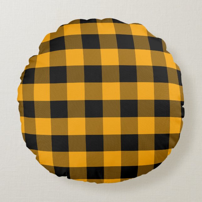 Black and Yellow Buffalo Plaid Pattern Round Pillow (Front)