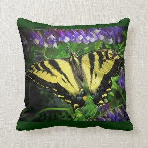 Black and Yellow Butterfly Blue Flowers Throw Pillow