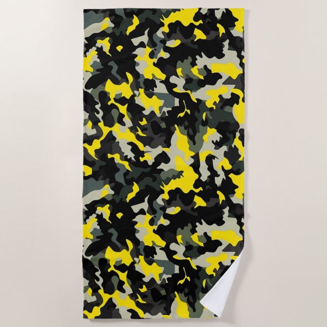 Black and Yellow Camouflage Pattern Beach Towel (Front)