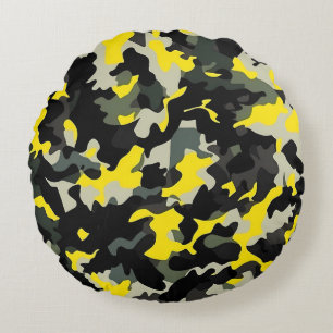 Black and Yellow Camouflage Pattern Round Pillow