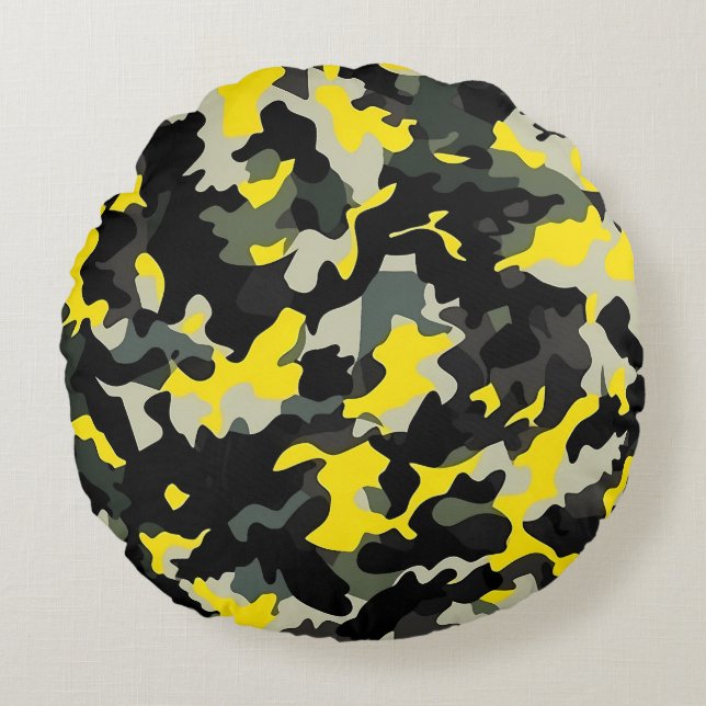 Black and Yellow Camouflage Pattern Round Pillow (Front)