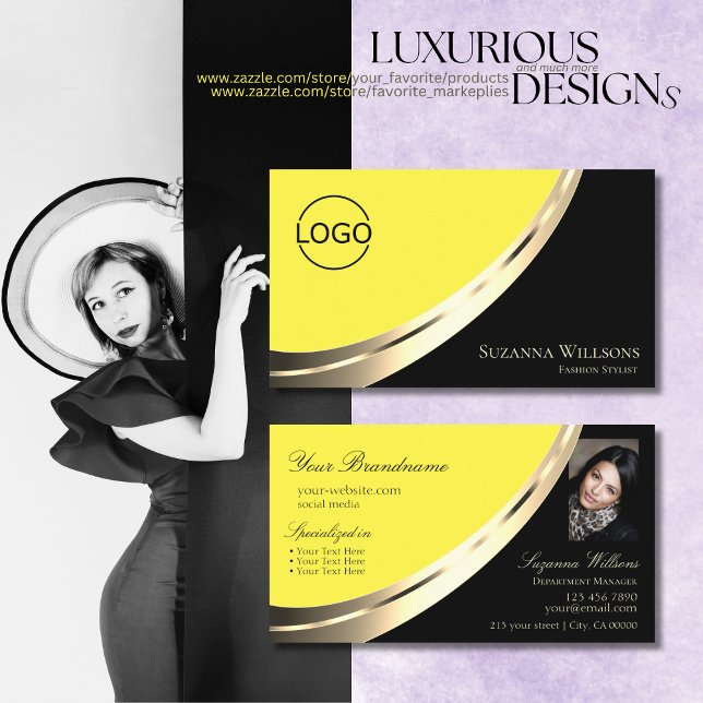 Black and Yellow Chic Gold Decor with Logo & Photo Business Card (Creator Uploaded)