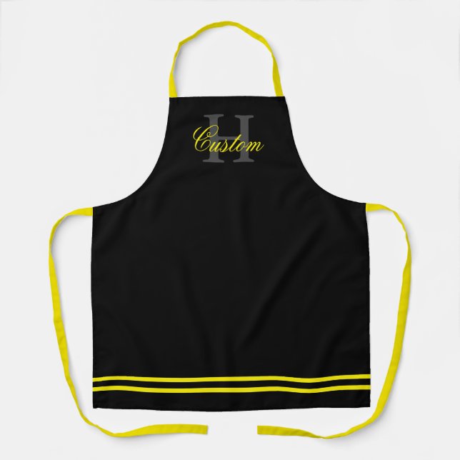 Black and yellow custom name monogram kitchen apron (Front)