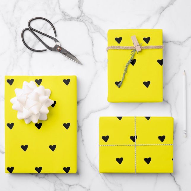 Black And Yellow Cute Tiny Hearts Minimalist   Wrapping Paper Sheet (Front)