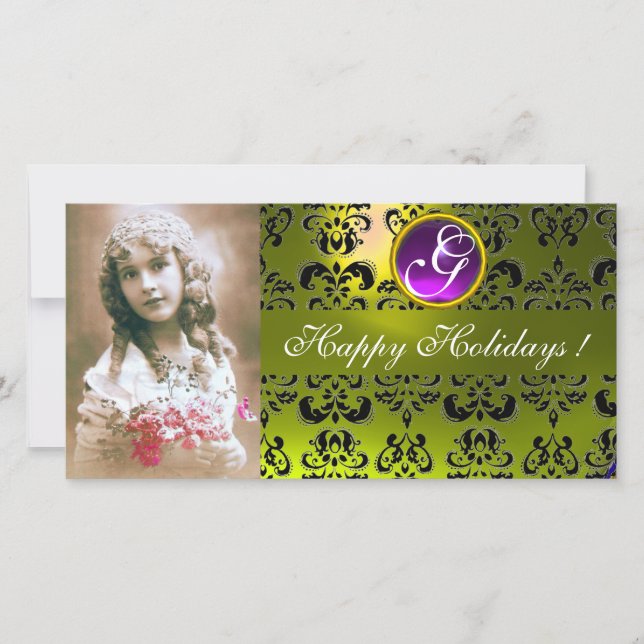 BLACK AND YELLOW DAMASK Amethyst Monogram Holiday Card (Front)