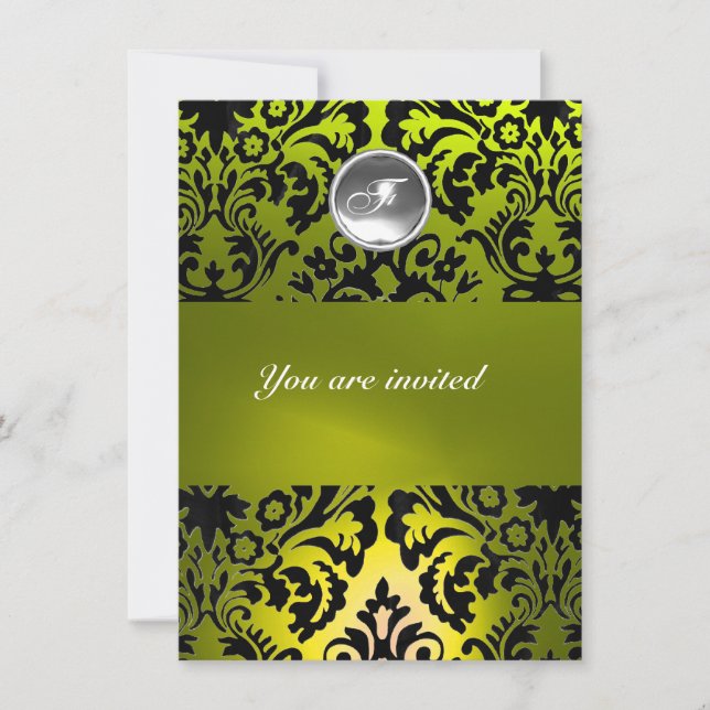 BLACK AND YELLOW DAMASK GEM STONE MONOGRAM INVITATION (Front)