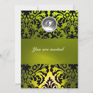BLACK AND YELLOW DAMASK GEM STONE MONOGRAM INVITATION
