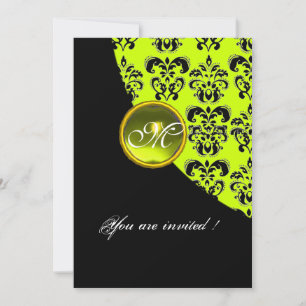 BLACK AND YELLOW DAMASK MONOGRAM,topaz green Invitation