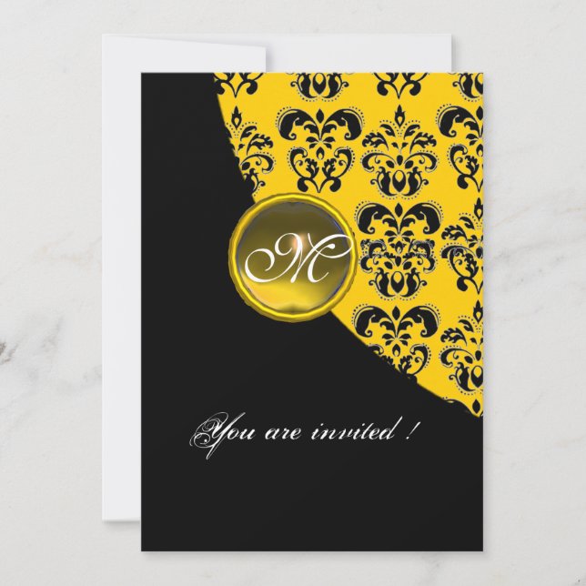 BLACK AND YELLOW DAMASK MONOGRAM,topaz Invitation (Front)