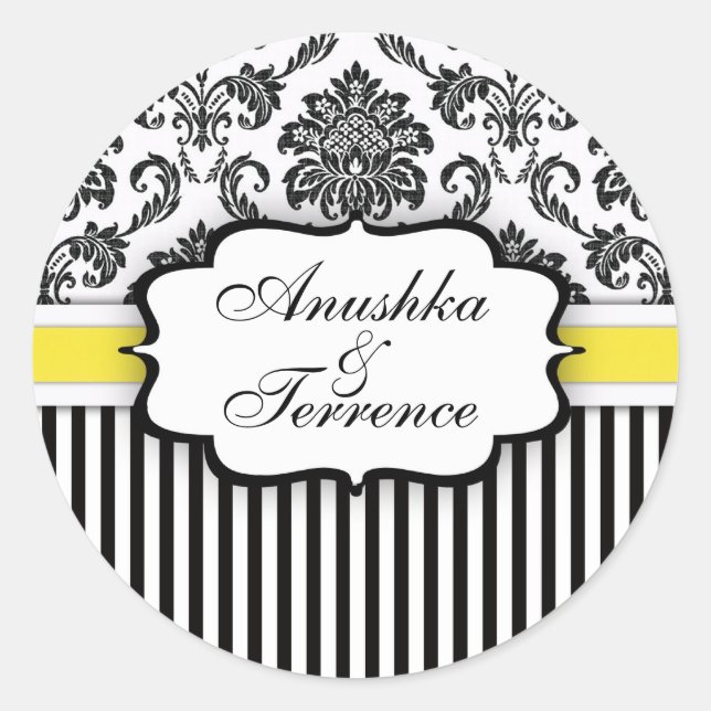 Black and Yellow Damask Stripe Wedding Sticker (Front)