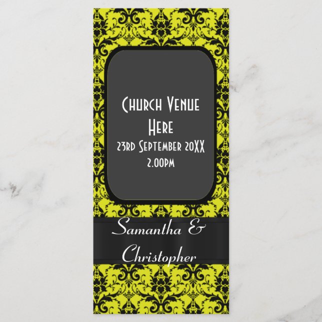 Black and yellow damask wedding program (Front)
