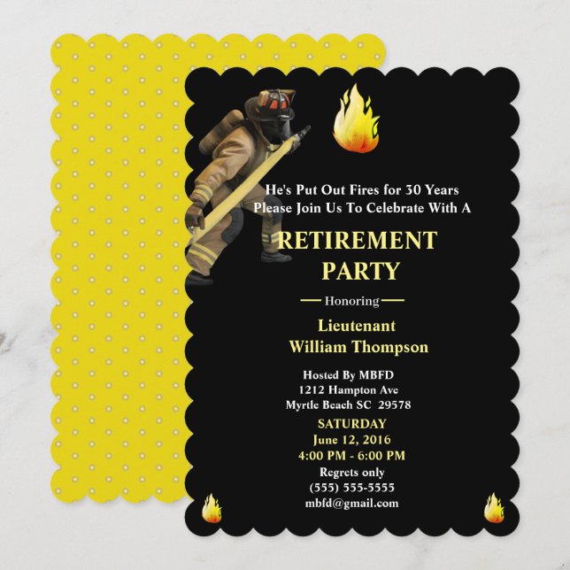 Black and Yellow Firefighters Retirement Party  Invitation (Front/Back)