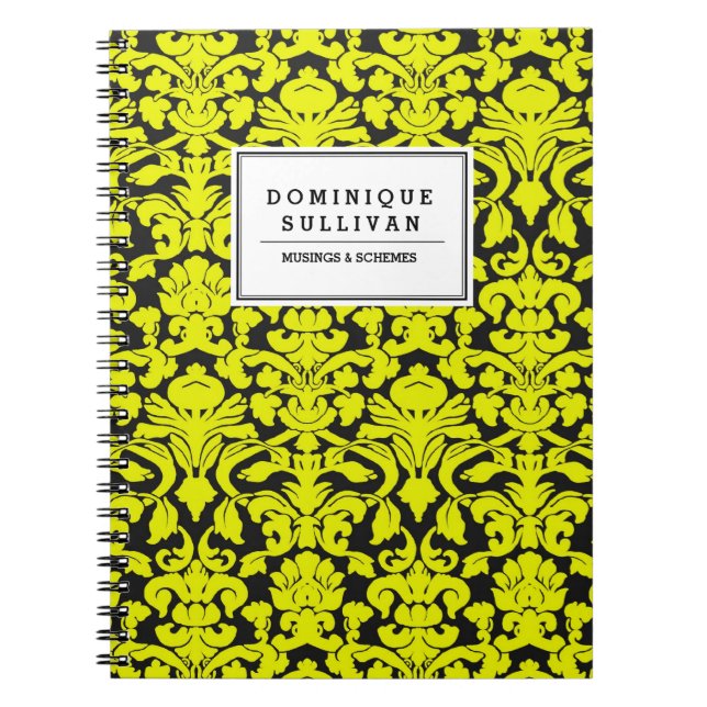 Black and Yellow Floral Damask Personalized Notebook (Front)