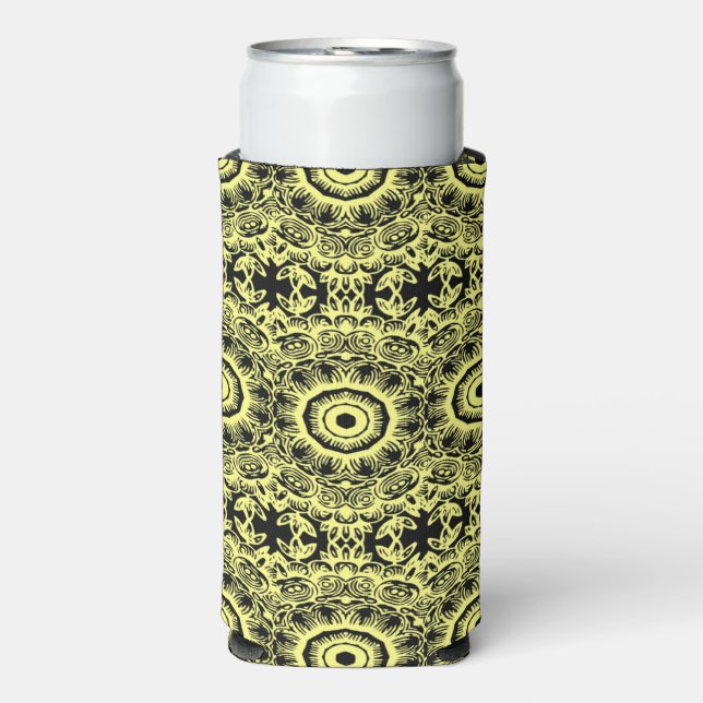 Black and yellow floral mandala pattern seltzer can cooler (Seltzer Front)