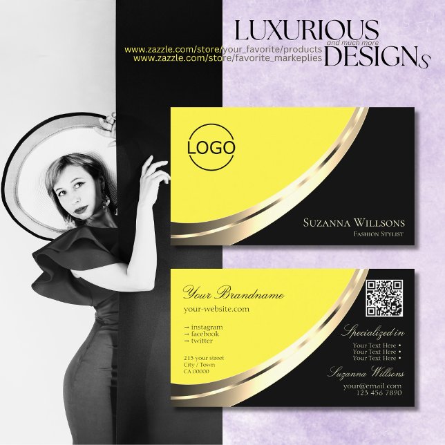 Black and Yellow Gold Decor with Logo & QR-Code Business Card (Creator Uploaded)