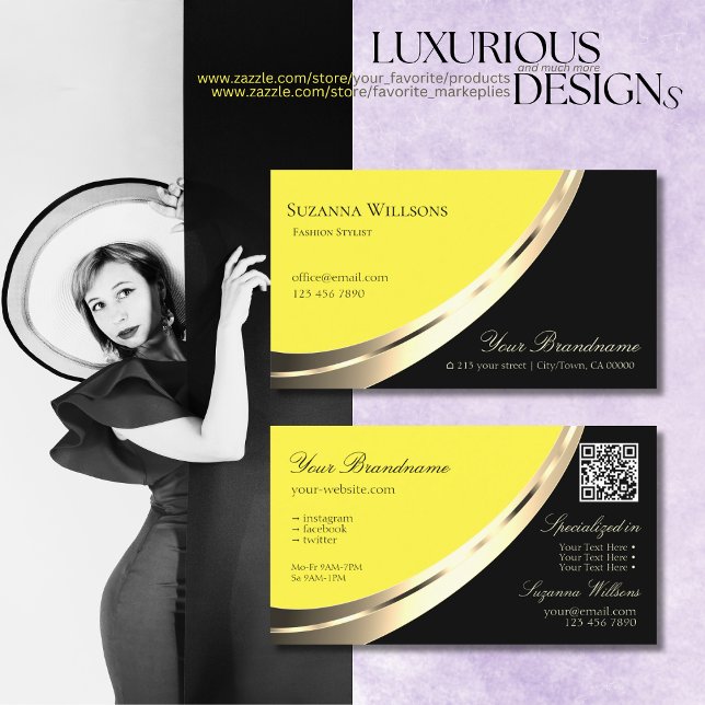 Black and Yellow Gold Decor with QR-Code Modern Business Card (Creator Uploaded)