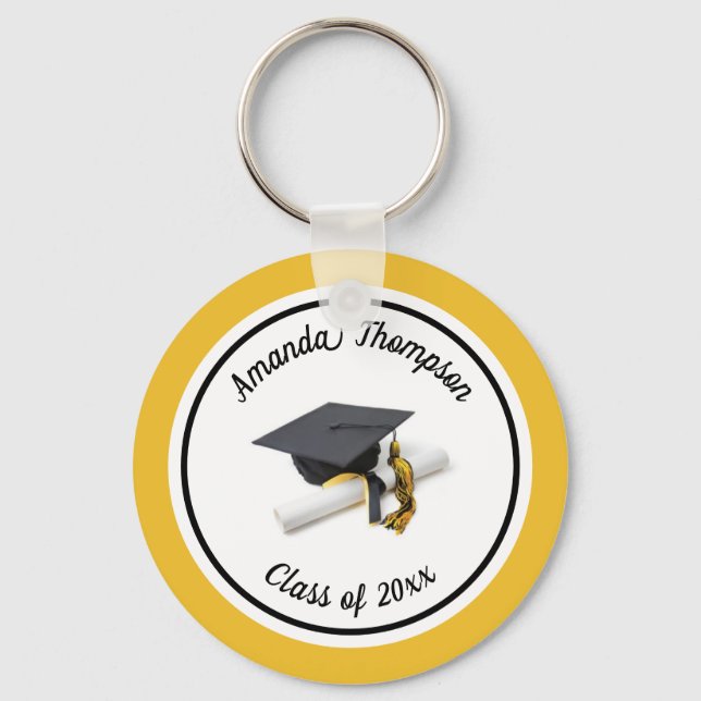 Black and Yellow Graduation Cap and Tassel Keychain (Front)
