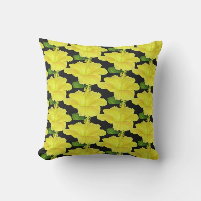 Black and Yellow Hibiscus Tropical Flower Outdoor Pillow (Front)