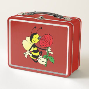 Black and yellow hornet wasp bee with a red rose metal lunch box
