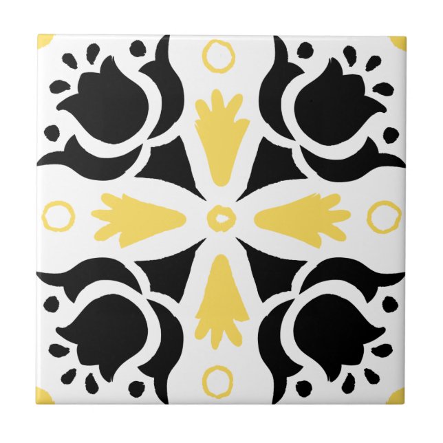 Black and Yellow Intricate Floral pattern Tile (Front)
