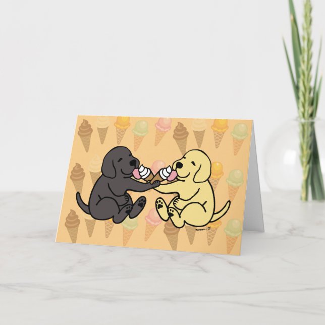 Black and Yellow Labradors Sharing Ice Cream Holiday Card (Front)
