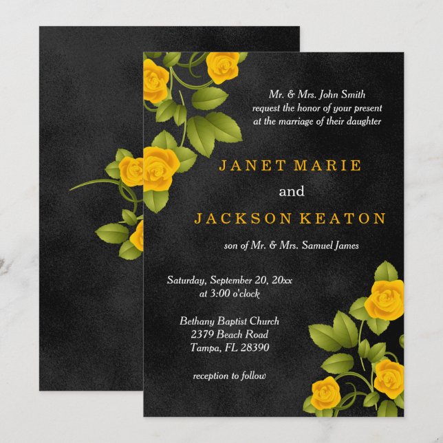 Black and Yellow Rose Flower Wedding Invitation (Front/Back)