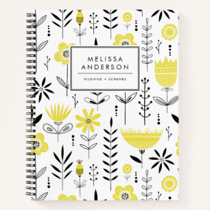 Black and Yellow Scandinavian Floral Pattern Notebook