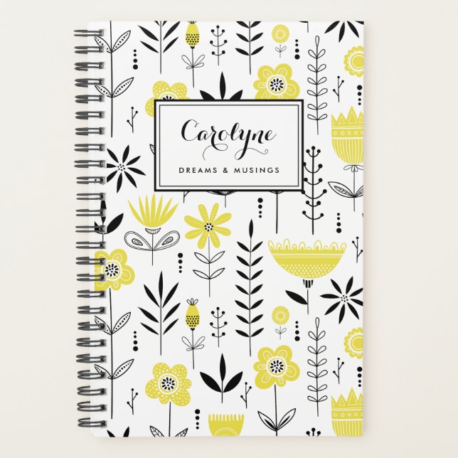 Black and Yellow Scandinavian Floral Pattern Planner (Front)
