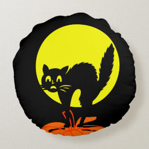 Black and Yellow skulls Pumpkin Cat Halloween Round Pillow