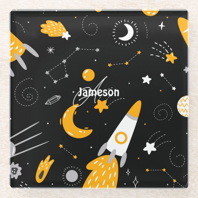 Black and Yellow Stars, Moon Outer Space Rocket Glass Coaster (Front)