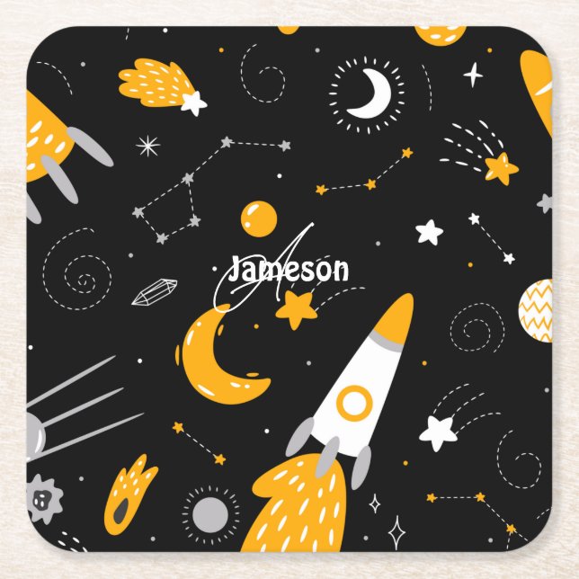 Black and Yellow Stars, Moon Outer Space Rocket Square Paper Coaster (Front)