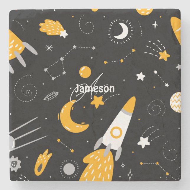 Black and Yellow Stars, Moon Outer Space Rocket  Stone Coaster (Front)