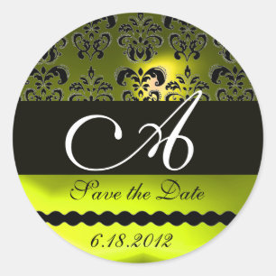 BLACK AND YELLOW TOPAZ DAMASK MONOGRAM, CLASSIC ROUND STICKER