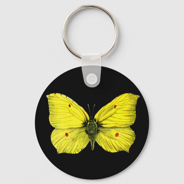 Black and Yellow Vintage Butterfly Illustration Keychain (Front)