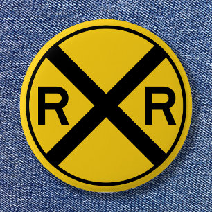 Black and Yellow Warning Sign Railroad Crossing 2 Inch Round Button