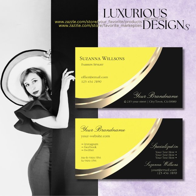 Black and Yellow with Decorative Gold Decor Modern Business Card (Creator Uploaded)