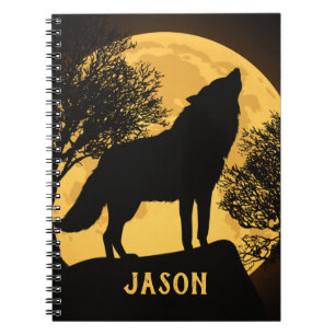 Black and Yellow Wolf and Full Moon Notebook