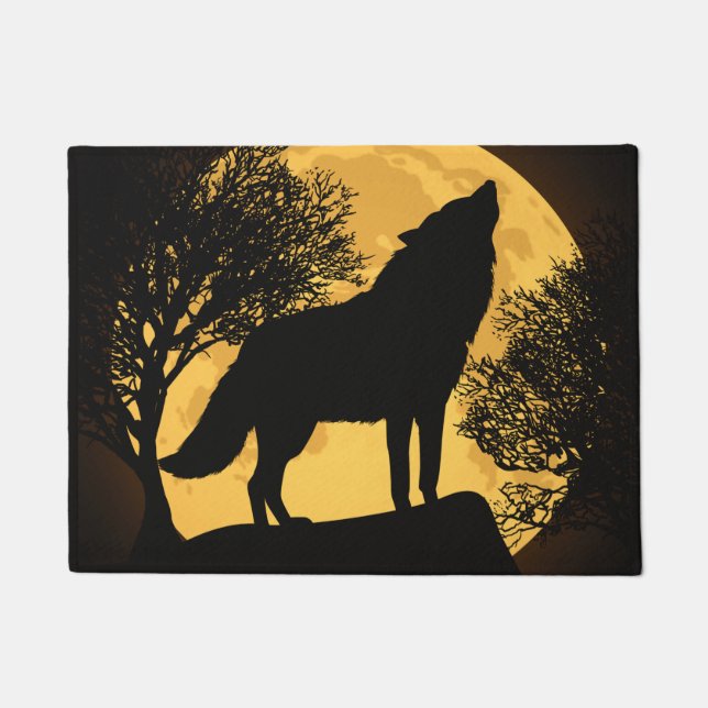Black and Yellow Wolf Full Moon Doormat (Front)