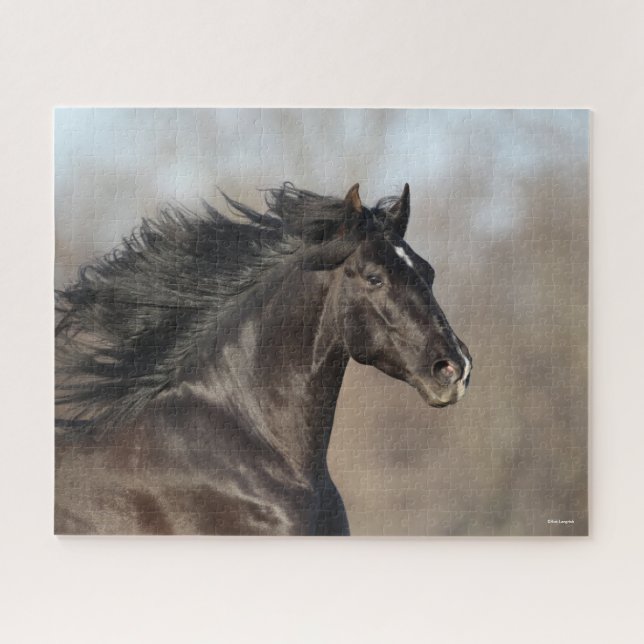 Black Andalucian Headshot Mane Flowing Jigsaw Puzzle (Horizontal)