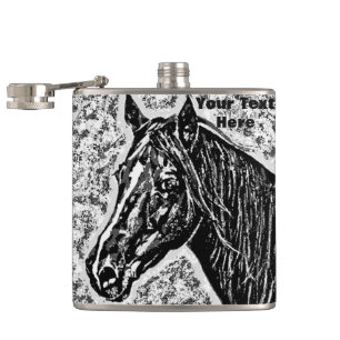 black andwhite horse portrait equine art design hip flask