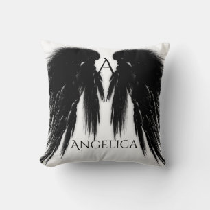 BLACK ANGEL WINGS Monogram Throw Pillow