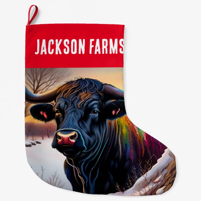 Black Angus Bull Winter Large Christmas Stocking (Front)