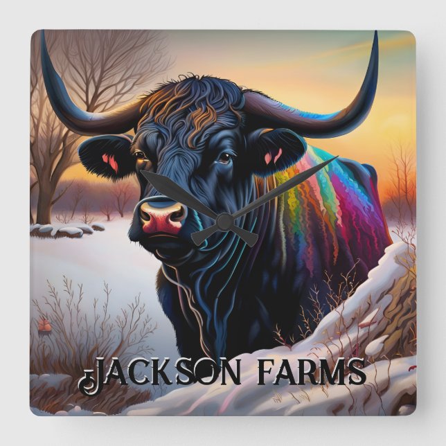 Black Angus Bull Winter Square Wall Clock (Front)